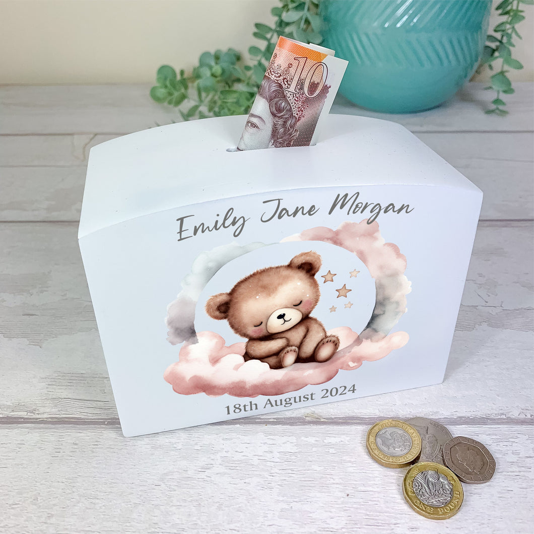 Personalised Luxury Wooden Money Box, Pink Sleepy Teddy Piggy Bank