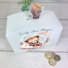 Load image into Gallery viewer, Personalised Luxury Wooden Money Box, Pink Sleepy Teddy Piggy Bank
