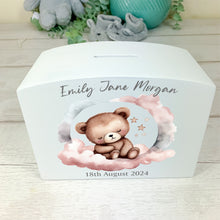 Load image into Gallery viewer, Personalised Luxury Wooden Money Box, Pink Sleepy Teddy Piggy Bank
