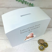 Load image into Gallery viewer, Personalised Luxury Wooden Money Box, Pink Sleepy Teddy Piggy Bank
