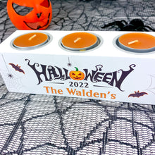 Load image into Gallery viewer, Halloween Tealight Holder with Candles, Personalised With Name
